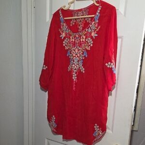 Johnny Was Red Embroidered Cupra Rayon 3/4 Sleeve Tunic Blouse Size Large